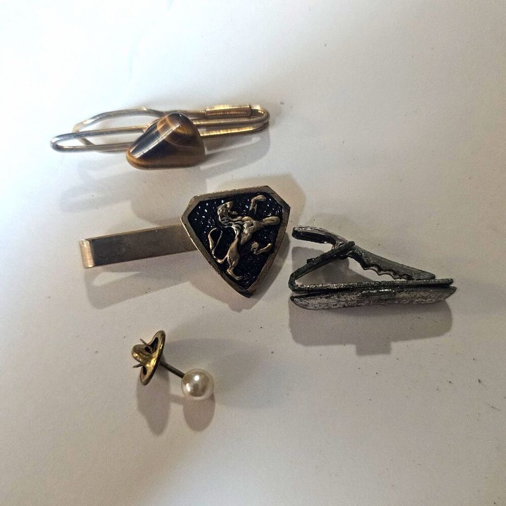 Men’s Lot of 4 Tie Bars/Clips & Tie Tack Silver Tone Metal No Stones